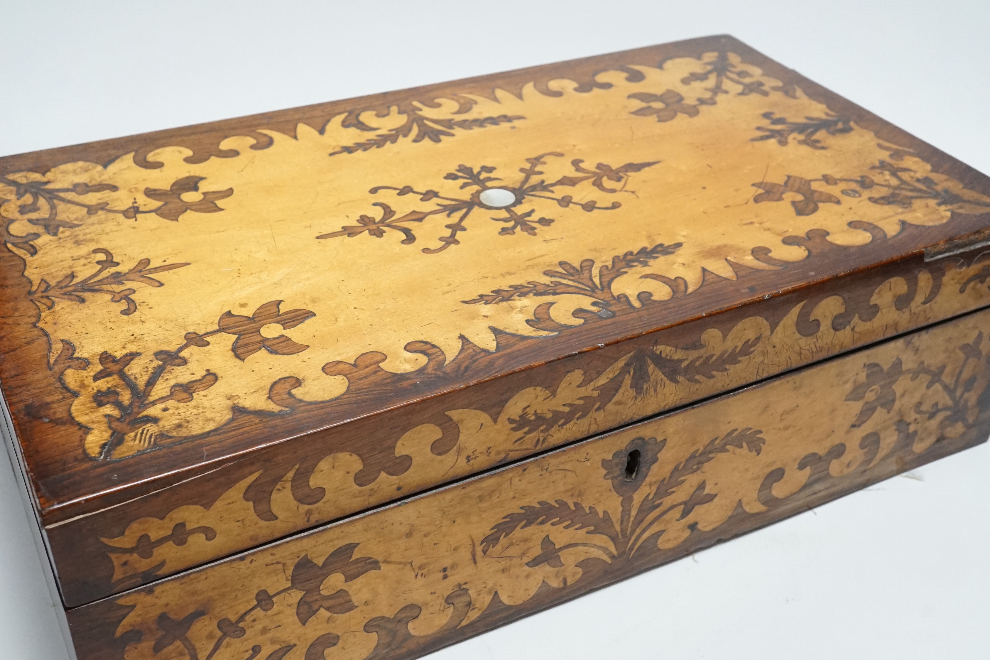 A Victorian maple and rosewood inlaid writing box, and matching workbox, 40cm wide